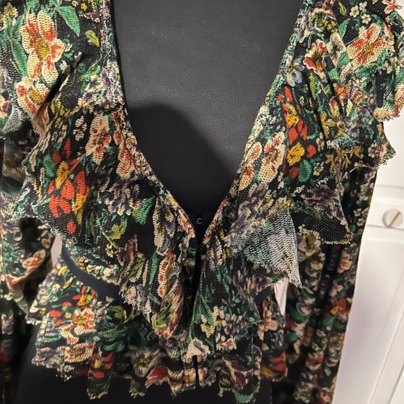 Free People Floral Ruffle Blouse - Black and Green - Picture 3 of 11